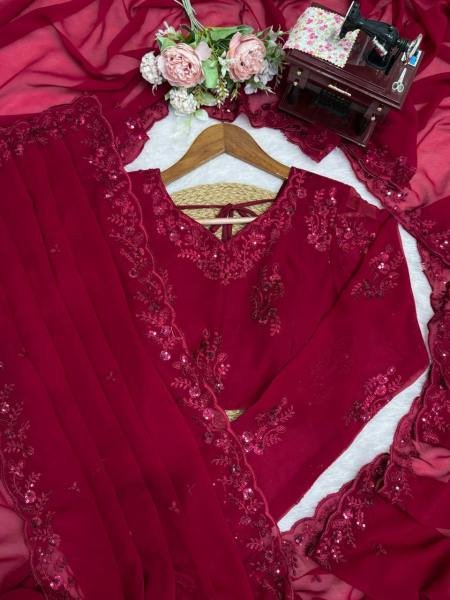 Intricate Thread Work Faux Georgette Saree with Soft Net Dupatta   Embroidered Blouse Embroidery Sarees Wholesale