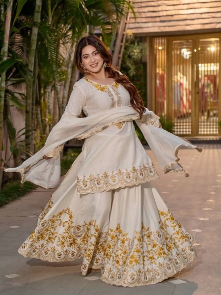 Ivory Crepe Silk Sharara Set with Golden Embroidery Ready to Wear Festive Look 