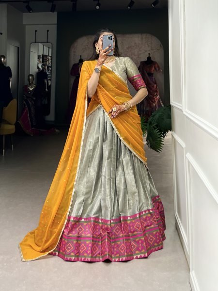 Jacquard Silk Saree Lehenga with Kanjivaram Weaving, Unstitched Blouse & Embellished Georgette Dupatta Half Saree Lehenga
