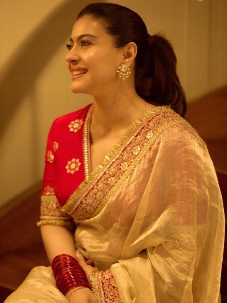 Kajol Inspired Golden Net Saree with Red Embroidery Blouse for Bollywood Collection Sarees 