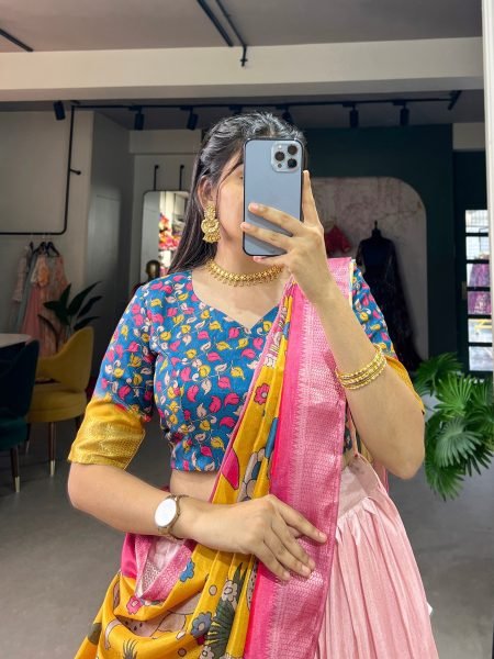 Kalamkari Print With Weaving Border Dola Silk Lehenga Choli  Navratri Lehnega Choli