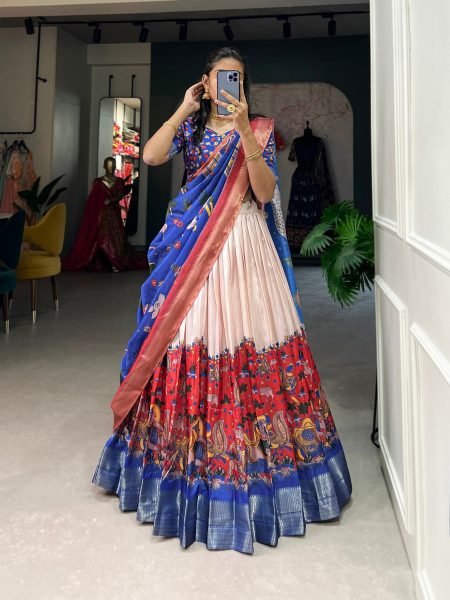Kalamkari Print With Weaving Border Dola Silk Lehenga Choli  Navratri Lehnega Choli