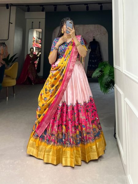 Kalamkari Print With Weaving Border Dola Silk Lehenga Choli  Navratri Lehnega Choli