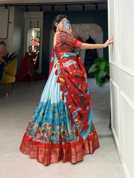 Kalamkari Print With Weaving Border Dola Silk Lehenga Choli  Navratri Lehnega Choli