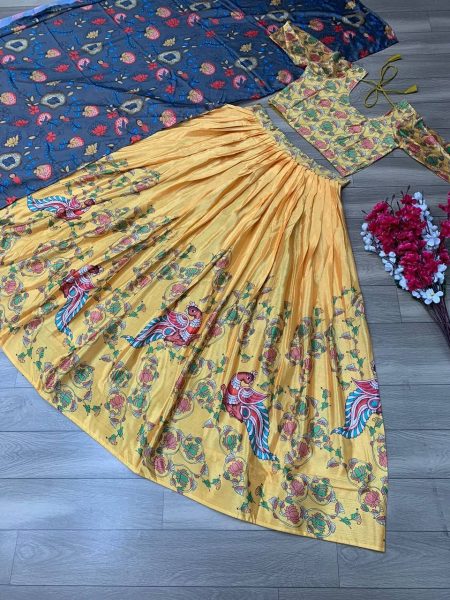 Kalamkari Print Yellow Color Ceremony Wear Lehenga Choli Half Saree Lehenga