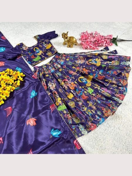Kalamkari Printed Soft Chinnon Silk Girls Lehenga Choli  Girls Wear