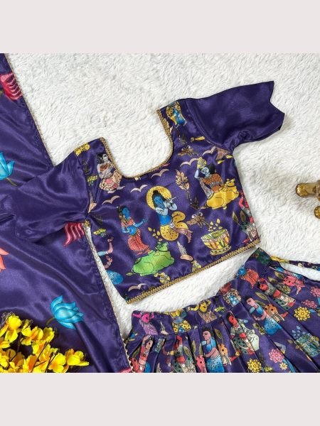 Kalamkari Printed Soft Chinnon Silk Girls Lehenga Choli  Girls Wear