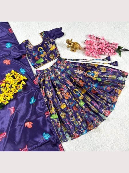 Kalamkari Printed Soft Chinnon Silk Girls Lehenga Choli  Girls Wear