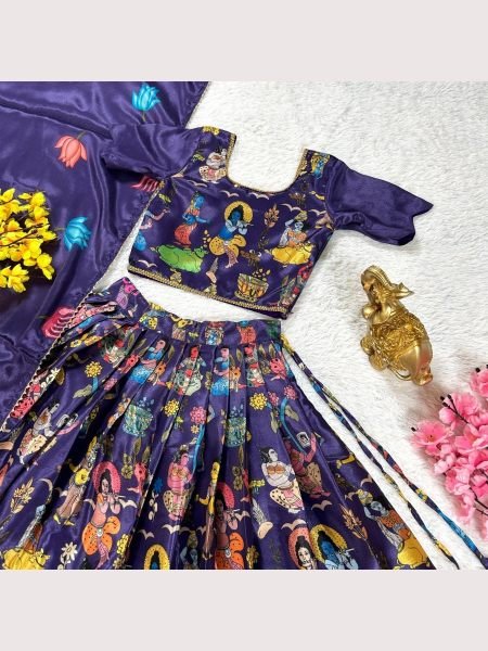 Kalamkari Printed Soft Chinnon Silk Girls Lehenga Choli  Girls Wear