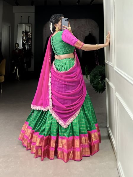 Kalyani Green Half Saree Lehenga with Weaving Work  Stitched Blouse   Embroidered Georgette Dupatta Half Saree Lehenga