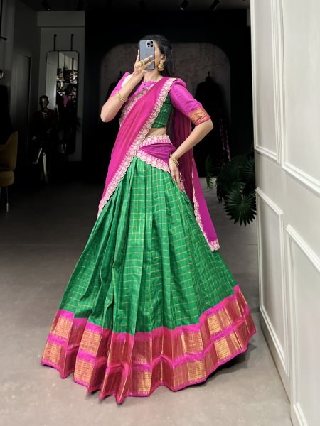 Kalyani Green Half Saree Lehenga with Weaving Work  Stitched Blouse   Embroidered Georgette Dupatta Half Saree Lehenga