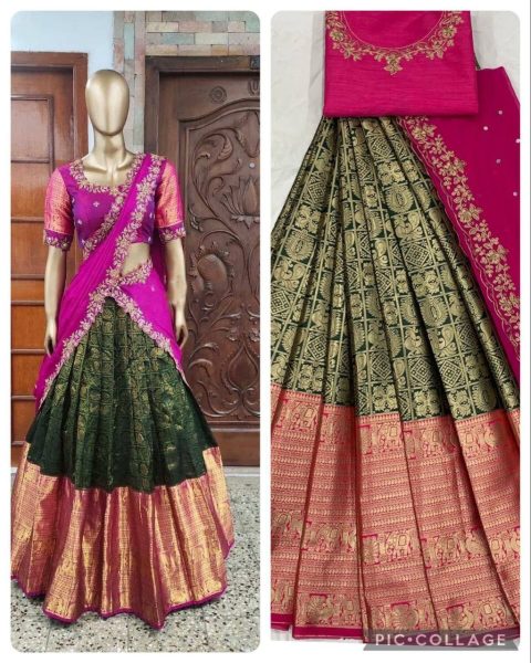 Kanjiveram Silk Zari half saree  Lehanga With Blouse Along With Embroidery Duppta  Half Saree Lehenga