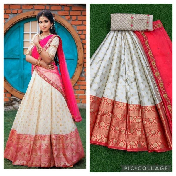 Kanjiveram Silk Zari half saree  Lehanga With Blouse Along With Embroidery Duppta  Half Saree Lehenga