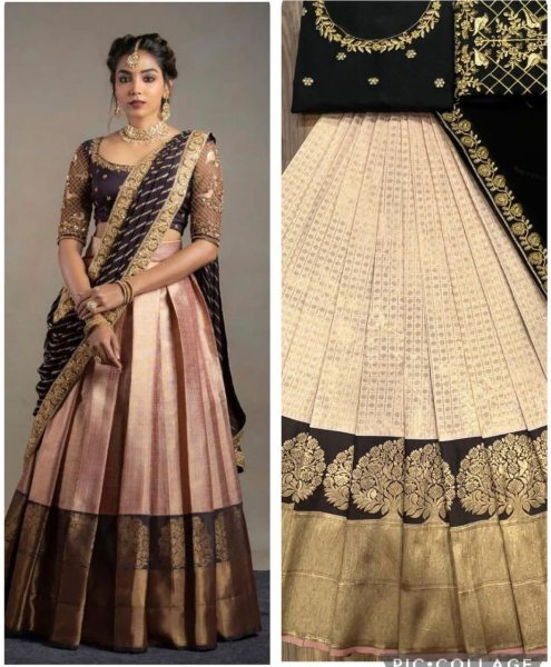 Kanjiveram Silk Zari half saree  Lehanga With Blouse Along With Embroidery Duppta  Half Saree Lehenga