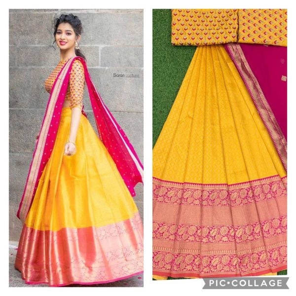 Kanjiveram Silk Zari half saree  Lehanga With Blouse Along With Embroidery Duppta  Half Saree Lehenga