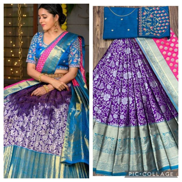 Kanjiveram Silk Zari half saree  Lehanga With Blouse Along With Embroidery Duppta  Half Saree Lehenga