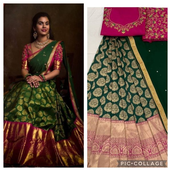 Kanjiveram Silk Zari half saree  Lehanga With Blouse Along With Embroidery Duppta  Half Saree Lehenga