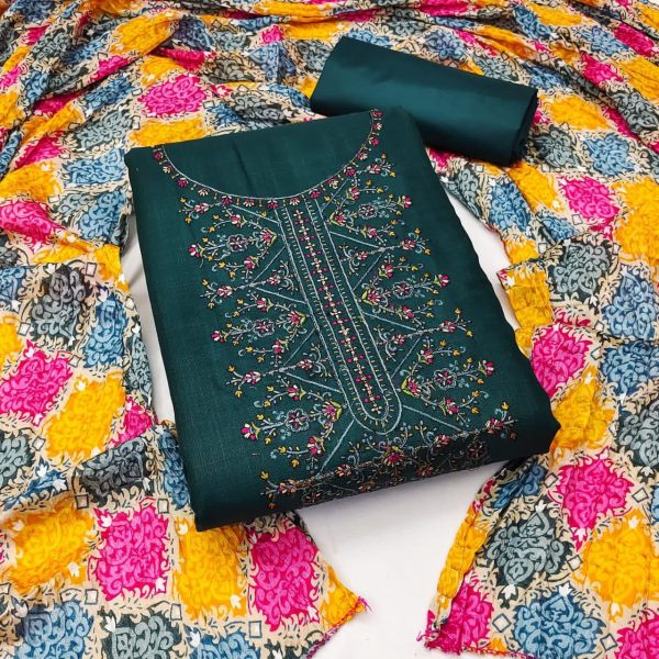 Kasmiri Work Slub Cotton  Dress Material  Cotton Dress Material