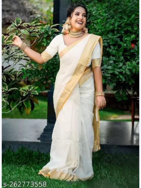 Kerala Wedding White Color Arts Silk Saree  South Indian Saree 