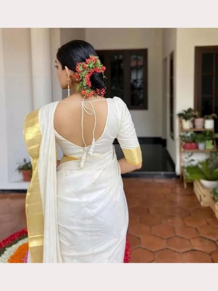 Kerala Wedding White Color Arts Silk Saree  South Indian Saree 