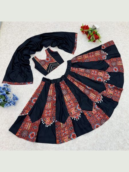 Kids Cotton Gamthi Work Lehenga Choli Black   Maroon Navratri Special Chaniya Choli for Garba Readymade Set at Best Wholesale Price  