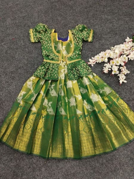 Kids Kanjivaram Silk Gown with Pure Silk Jacket Elegant Wedding Wear Look Girls Wear