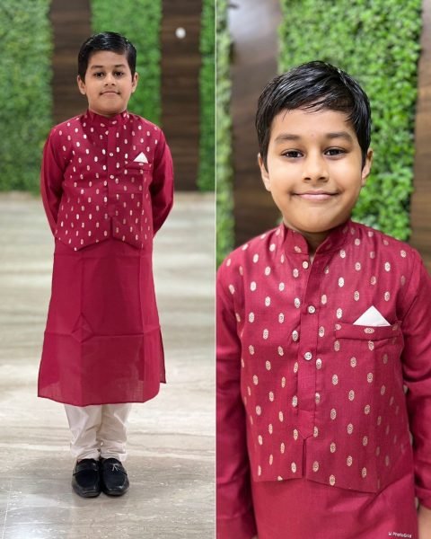 Kids Pure Cotton Foil Printed Butti Kurta Pajama With Koti Boys Wear