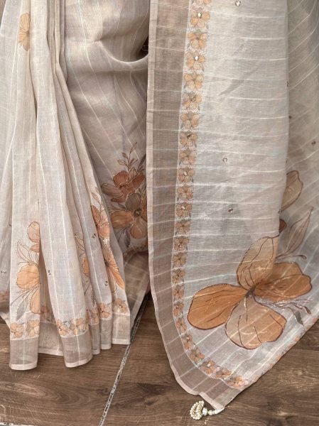 Kotha Tissue Silk Saree with Aari and Mirror Work Elegant Festive Wear with Pearl Latkan Printed Cotton Sarees Wholesale