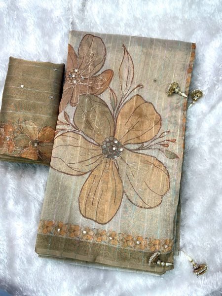 Kotha Tissue Silk Saree with Aari and Mirror Work Elegant Festive Wear with Pearl Latkan Printed Cotton Sarees Wholesale