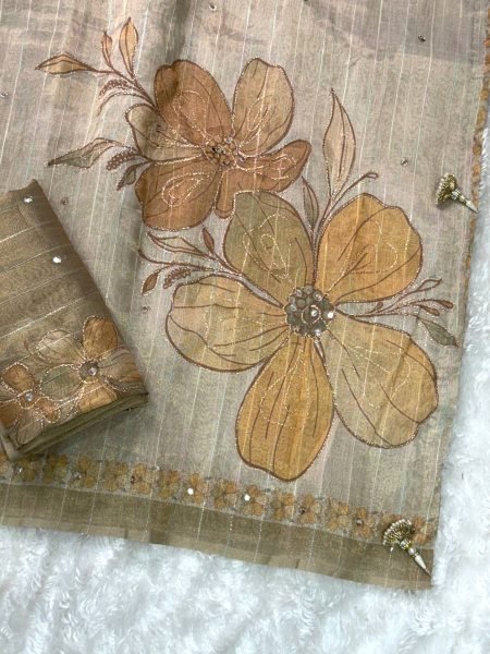 Kotha Tissue Silk Saree with Aari and Mirror Work Elegant Festive Wear with Pearl Latkan Printed Cotton Sarees Wholesale