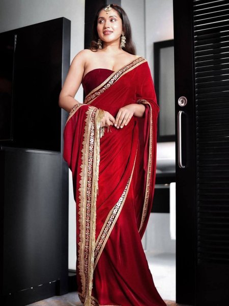 Kumkum Red Velvet Saree with Zari and Lavender Border for Wedding Look Winter Wear