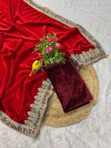 Kumkum Red Velvet Saree with Zari and Lavender Border for Wedding Look Embroidery Sarees Wholesale