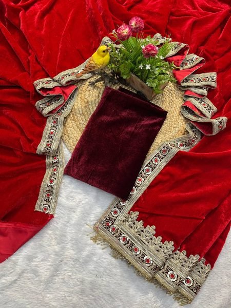Kumkum Red Velvet Saree with Zari and Lavender Border for Wedding Look Embroidery Sarees Wholesale