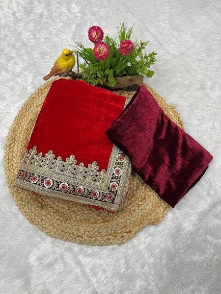 Kumkum Red Velvet Saree with Zari and Lavender Border for Wedding Look Embroidery Sarees Wholesale