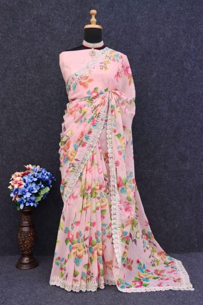 Ladies Fancy Chiffon Saree Manufacturer Wholesaler Floral Print Chiffon Saree with Unstitched Blouse Wholesale Prices Georgette Sarees Wholesale