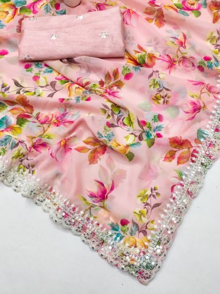 Ladies Fancy Chiffon Saree Manufacturer Wholesaler Floral Print Chiffon Saree with Unstitched Blouse Wholesale Prices Georgette Sarees Wholesale