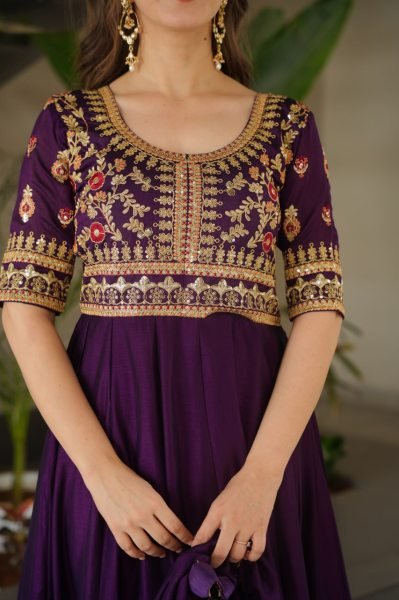 Ladies Vichitra Silk Partywear Gown Sequins Zari Embroidered Work Fully Stitched with Cotton Lining Wholesale in Surat Anarkali Kurtis 