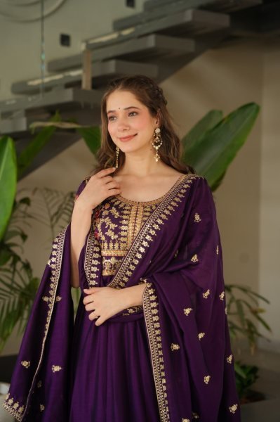 Ladies Vichitra Silk Partywear Gown Sequins Zari Embroidered Work Fully Stitched with Cotton Lining Wholesale in Surat Anarkali Kurtis 