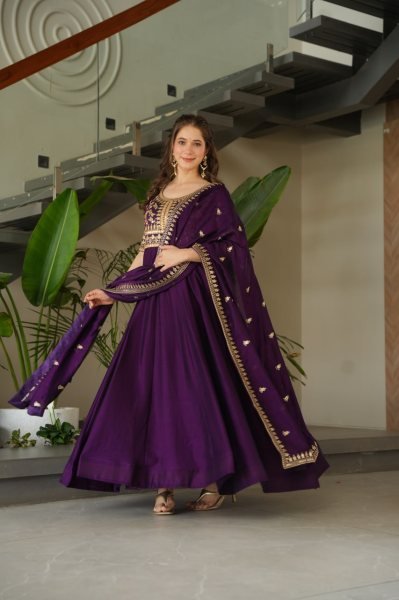 Ladies Vichitra Silk Partywear Gown Sequins Zari Embroidered Work Fully Stitched with Cotton Lining Wholesale in Surat Anarkali Kurtis 