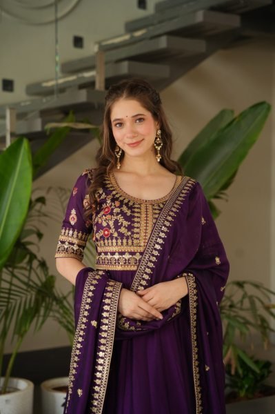 Ladies Vichitra Silk Partywear Gown Sequins Zari Embroidered Work Fully Stitched with Cotton Lining Wholesale in Surat Anarkali Kurtis 