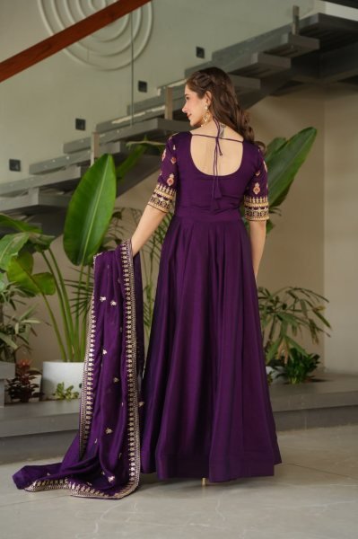 Ladies Vichitra Silk Partywear Gown Sequins Zari Embroidered Work Fully Stitched with Cotton Lining Wholesale in Surat Anarkali Kurtis 