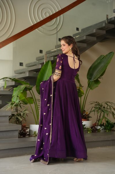 Ladies Vichitra Silk Partywear Gown Sequins Zari Embroidered Work Fully Stitched with Cotton Lining Wholesale in Surat Anarkali Kurtis 