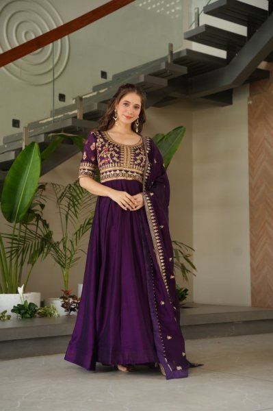 Ladies Vichitra Silk Partywear Gown Sequins Zari Embroidered Work Fully Stitched with Cotton Lining Wholesale in Surat Anarkali Kurtis 