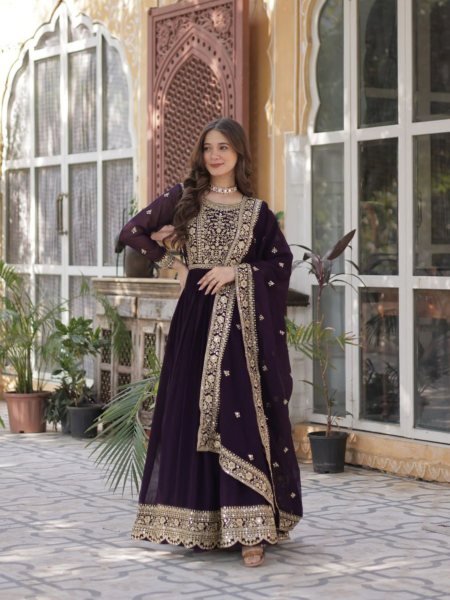 Latest Designer Anarkali Gown Wine Faux Blooming Fabric with Zari Sequins   Lace Budget Friendly 