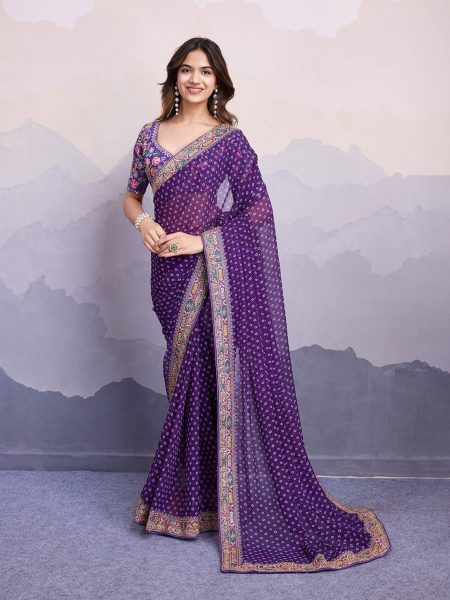 Latest Georgette Saree With Digital Print And Embroidery Work Lace Georgette Sarees Wholesale