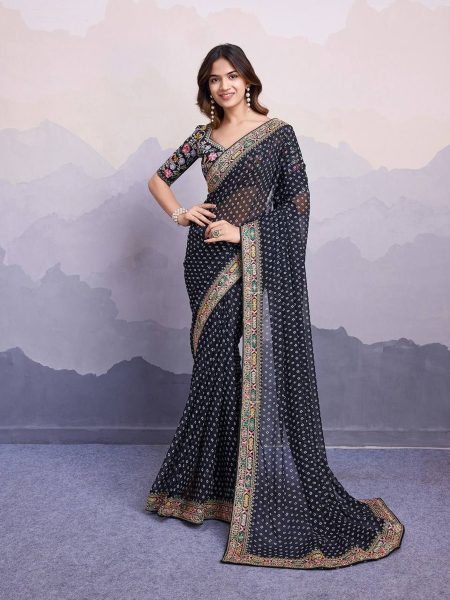 Latest Georgette Saree With Digital Print And Embroidery Work Lace Georgette Sarees Wholesale