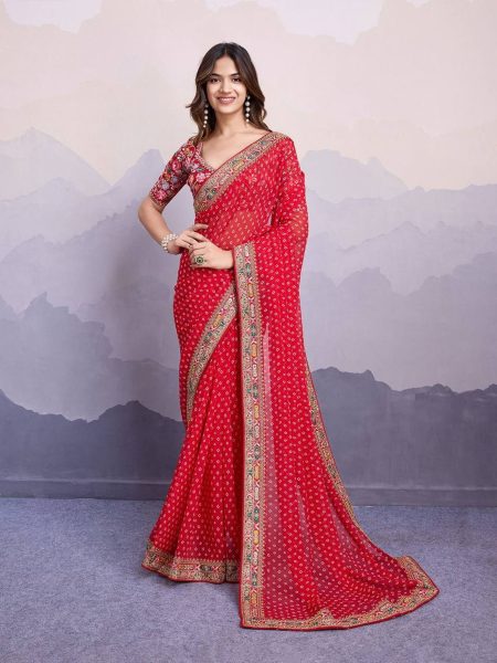 Latest Georgette Saree With Digital Print And Embroidery Work Lace Georgette Sarees Wholesale