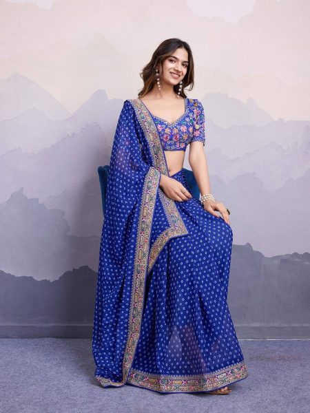 Latest Georgette Saree With Digital Print And Embroidery Work Lace Georgette Sarees Wholesale