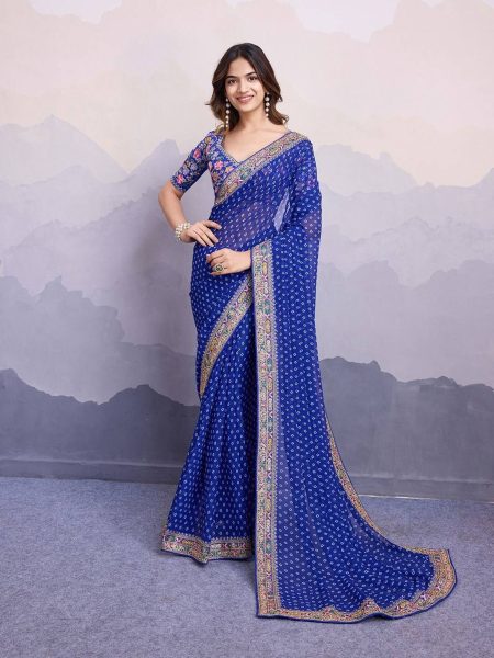 Latest Georgette Saree With Digital Print And Embroidery Work Lace Georgette Sarees Wholesale