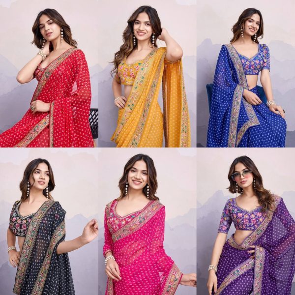 Latest Georgette Saree With Digital Print And Embroidery Work Lace Georgette Sarees Wholesale